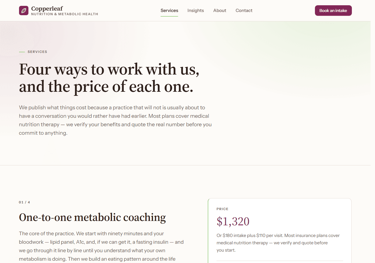 Additional screenshot 2 of the live Copperleaf Nutrition & Metabolic Health demo