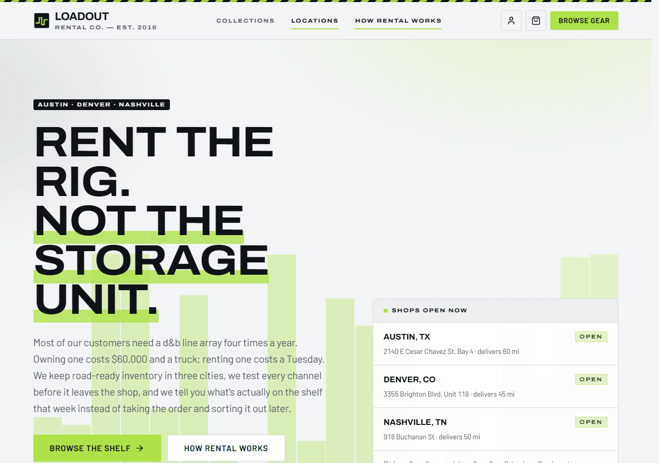 The live Loadout Rental Co. demo: a hero reading “Rent the rig. Not the storage unit.” beside a panel listing the Austin, Denver, and Nashville shops currently open