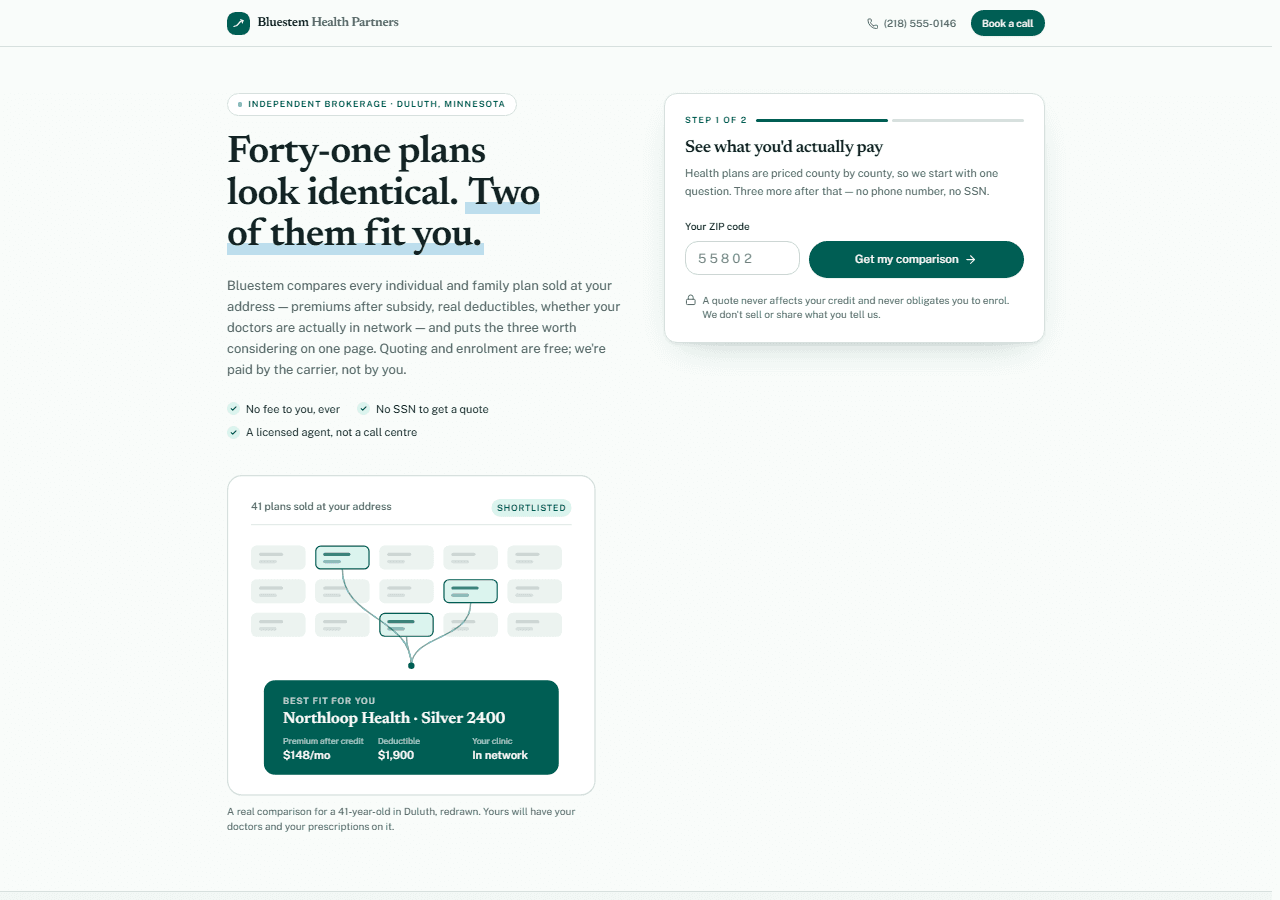 The live Bluestem Health Partners demo: a hero reading “Forty-one plans look identical. Two of them fit you.” beside a two-step quote form asking only for a ZIP code